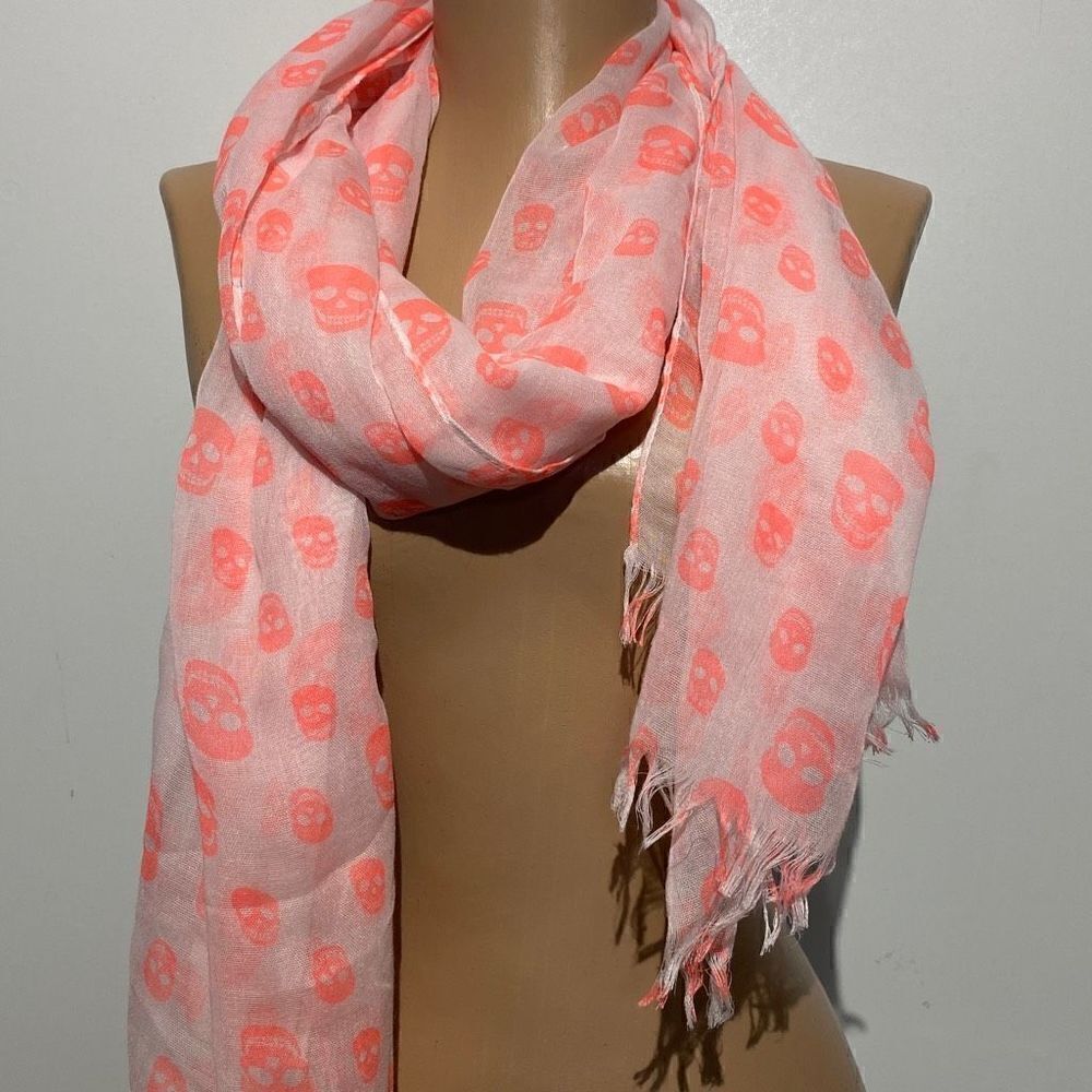 Unisex Orange Skull Print Sheer‎ Lightweight Fringe Trim Off White Scarf 28X72